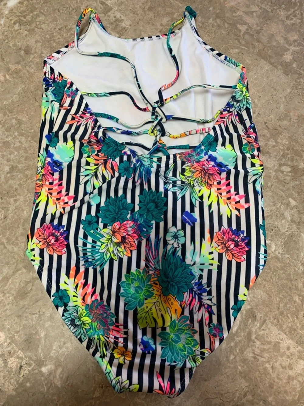 wonder nation Girl’s Black & White Stripe Swimsuit w/Neon Floral Print.Pre-owned